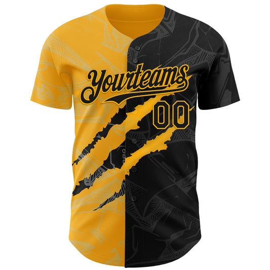 Custom Graffiti Pattern Black-Gold 3D Scratch Authentic Baseball Jersey - Sky-Custom
