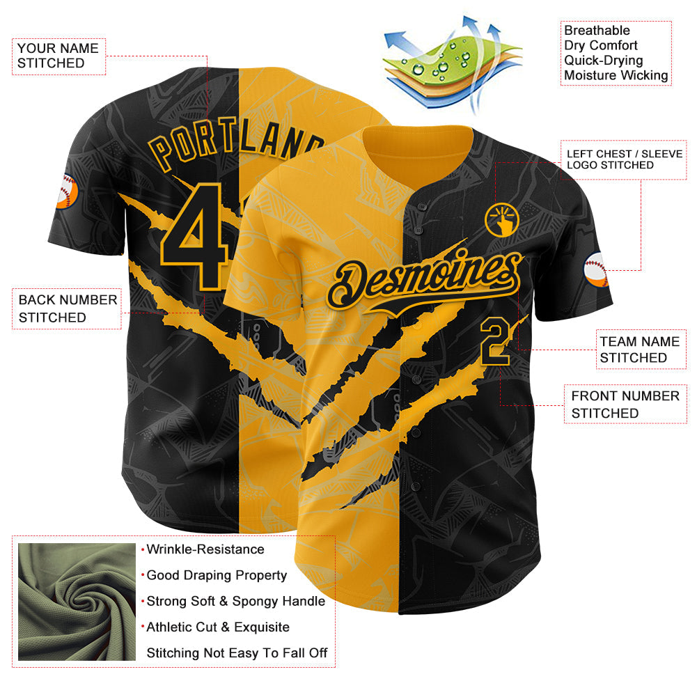 Custom Graffiti Pattern Black-Gold 3D Scratch Authentic Baseball Jersey - Sky-Custom