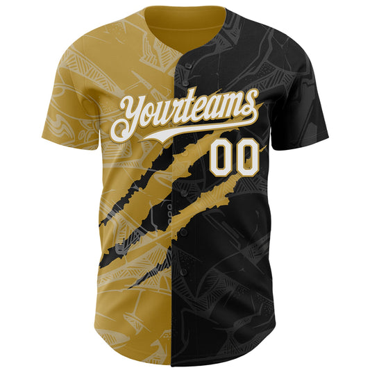 Custom Graffiti Pattern White Black-Old Gold 3D Scratch Authentic Baseball Jersey - Sky-Custom