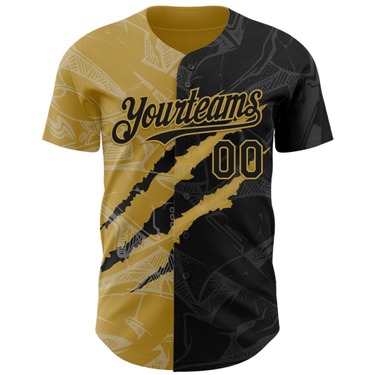 Custom Graffiti Pattern Black-Old Gold 3D Scratch Authentic Baseball Jersey - Sky-Custom