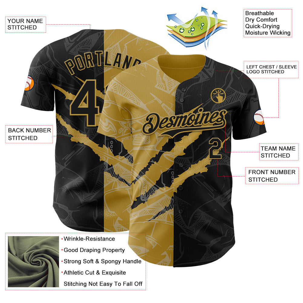Custom Graffiti Pattern Black-Old Gold 3D Scratch Authentic Baseball Jersey - Sky-Custom