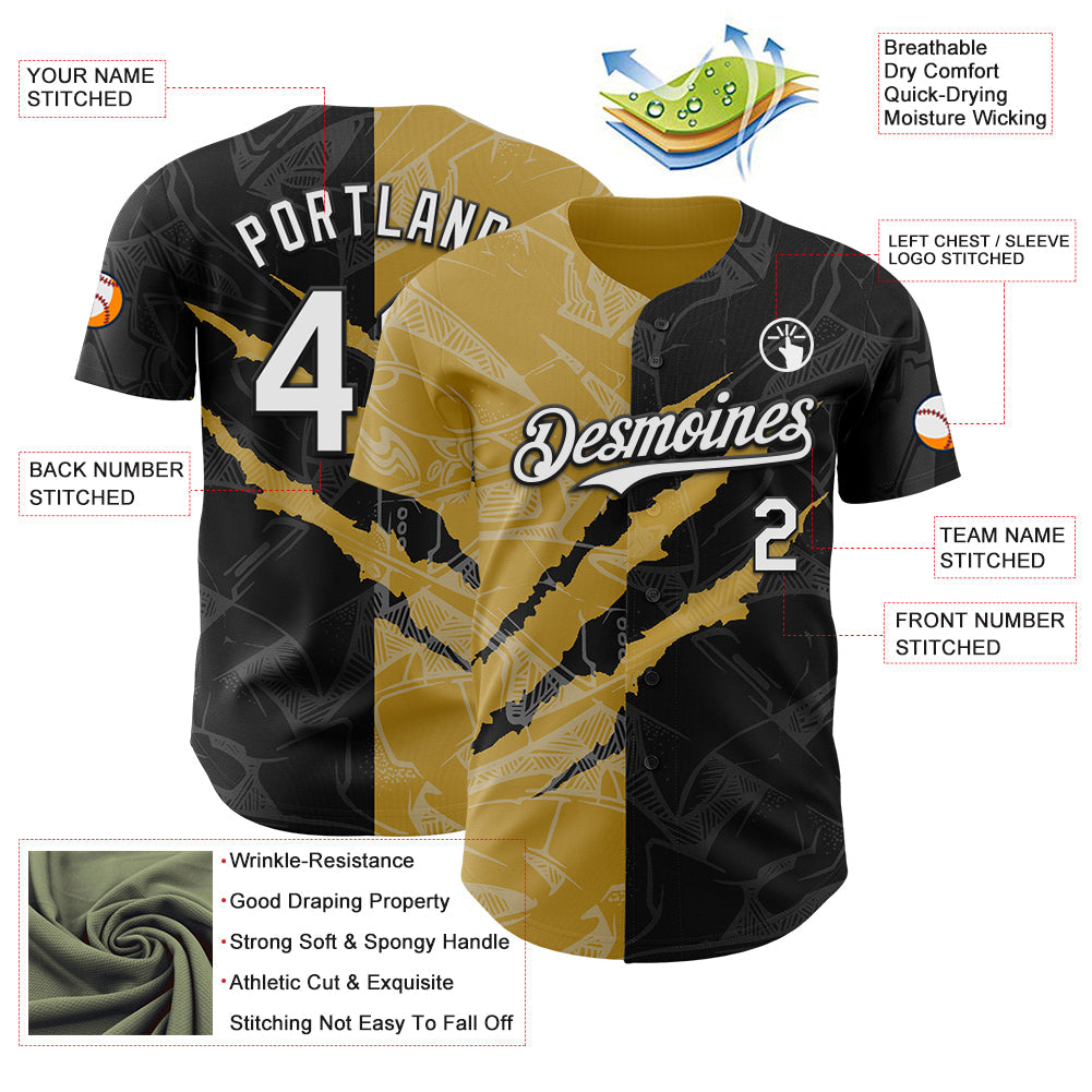 Custom Graffiti Pattern White Black-Old Gold 3D Scratch Authentic Baseball Jersey - Sky-Custom