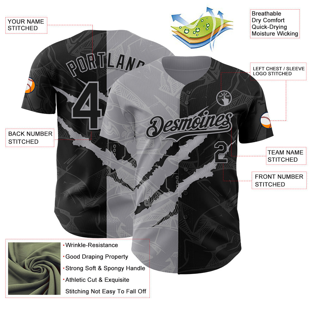 Custom Graffiti Pattern Black-Gray 3D Scratch Authentic Baseball Jersey - Sky-Custom