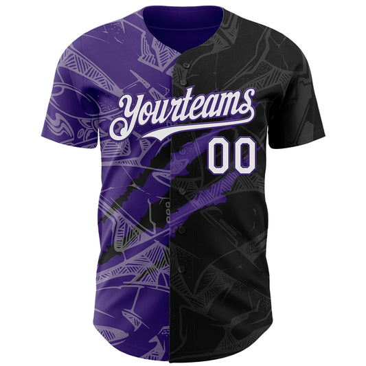 Custom Graffiti Pattern White Black-Purple 3D Scratch Authentic Baseball Jersey - Sky-Custom
