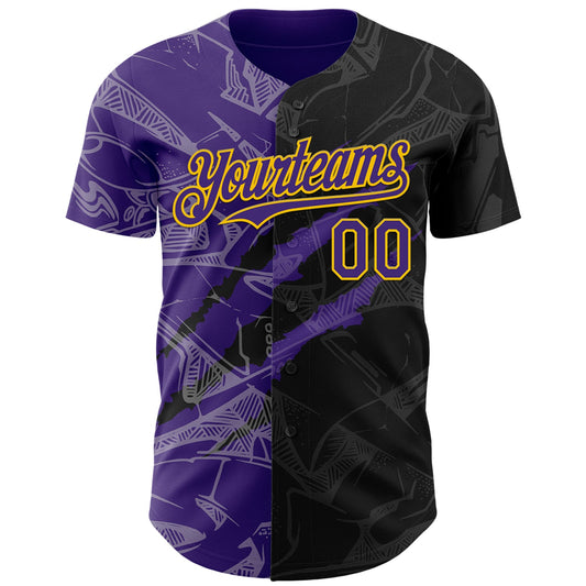 Custom Graffiti Pattern Purple Black-Yellow 3D Scratch Authentic Baseball Jersey - Sky-Custom