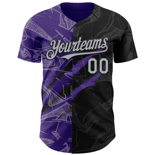 Custom Graffiti Pattern Gray Black-Purple 3D Scratch Authentic Baseball Jersey - Sky-Custom