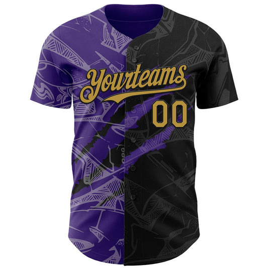 Custom Graffiti Pattern Old Gold Black-Purple 3D Scratch Authentic Baseball Jersey - Sky-Custom