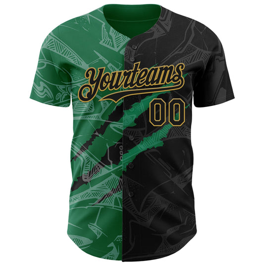 Custom Graffiti Pattern Black Kelly Green-Old Gold 3D Scratch Authentic Baseball Jersey - Sky-Custom