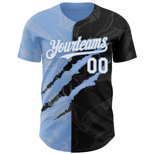 Custom Graffiti Pattern White Black-Light Blue 3D Scratch Authentic Baseball Jersey - Sky-Custom