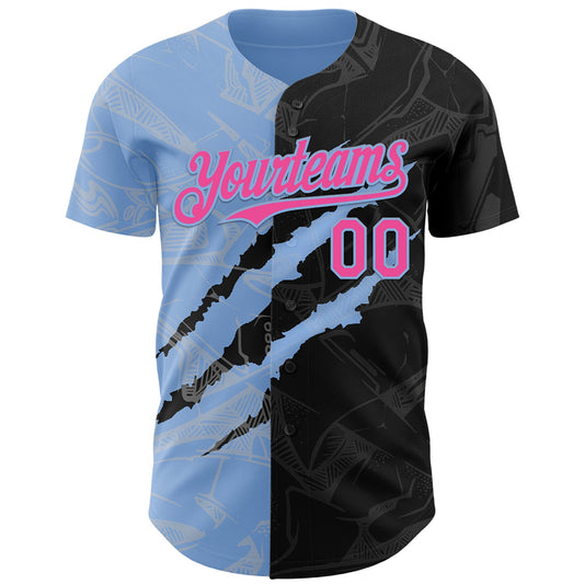 Custom Graffiti Pattern Pink Black-Light Blue 3D Scratch Authentic Baseball Jersey - Sky-Custom