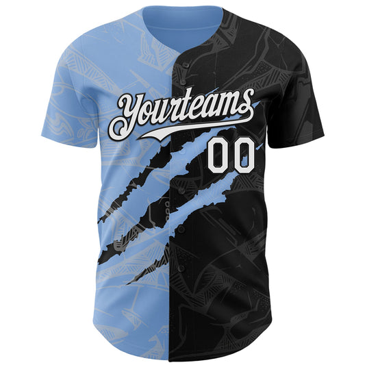 Custom Graffiti Pattern White Black-Light Blue 3D Scratch Authentic Baseball Jersey - Sky-Custom
