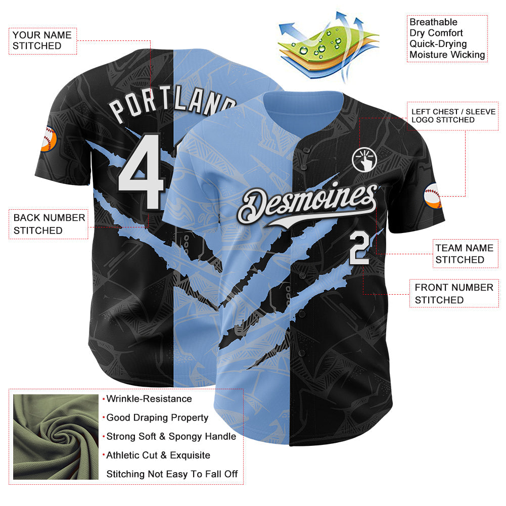 Custom Graffiti Pattern White Black-Light Blue 3D Scratch Authentic Baseball Jersey - Sky-Custom
