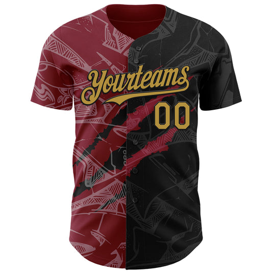 Custom Graffiti Pattern Old Gold Black-Crimson 3D Scratch Authentic Baseball Jersey - Sky-Custom
