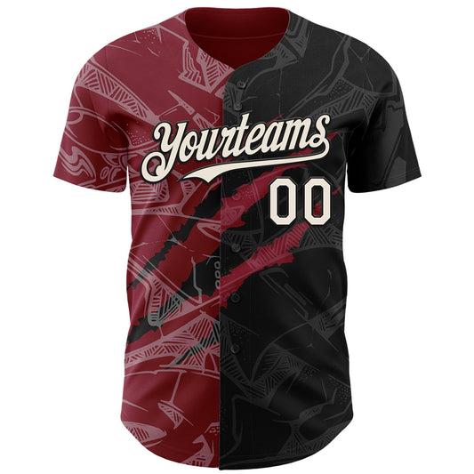 Custom Graffiti Pattern Cream Black-Crimson 3D Scratch Authentic Baseball Jersey - Sky-Custom