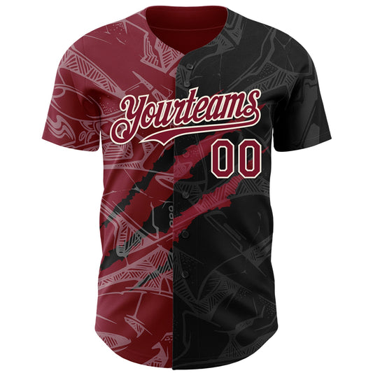 Custom Graffiti Pattern Crimson Black-Cream 3D Scratch Authentic Baseball Jersey - Sky-Custom