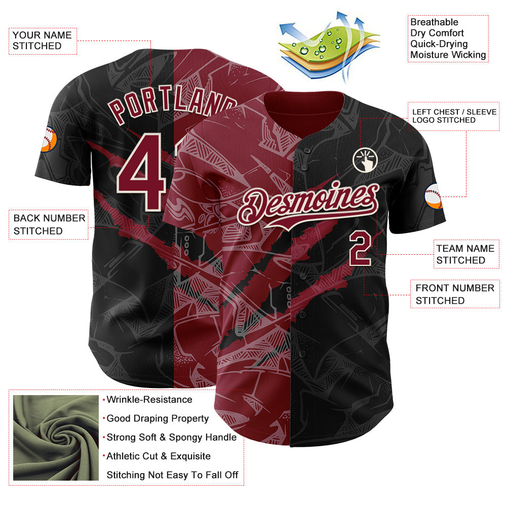 Custom Graffiti Pattern Crimson Black-Cream 3D Scratch Authentic Baseball Jersey - Sky-Custom