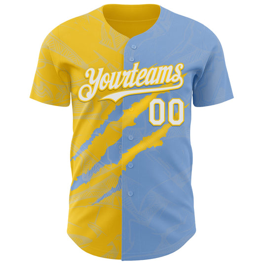 Custom Graffiti Pattern White Light Blue-Yellow 3D Scratch Authentic Baseball Jersey - Sky-Custom