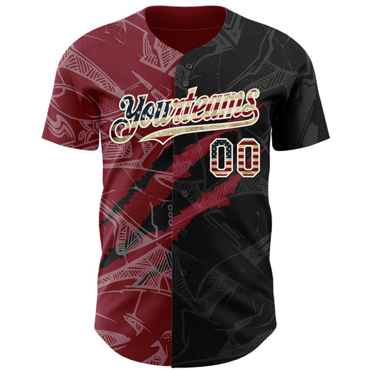 Custom Graffiti Pattern Vintage USA Flag Black Crimson-Cream 3D Scratch Authentic Baseball Jersey - Sky-Custom