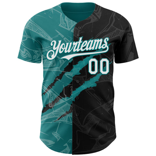 Custom Graffiti Pattern White Black-Teal 3D Scratch Authentic Baseball Jersey - Sky-Custom