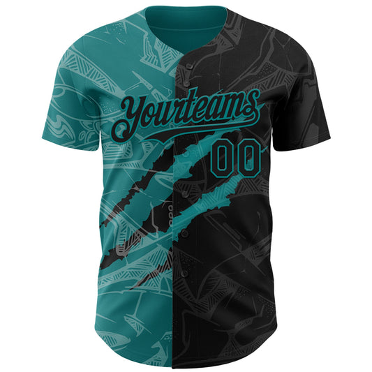 Custom Graffiti Pattern Black-Teal 3D Scratch Authentic Baseball Jersey - Sky-Custom