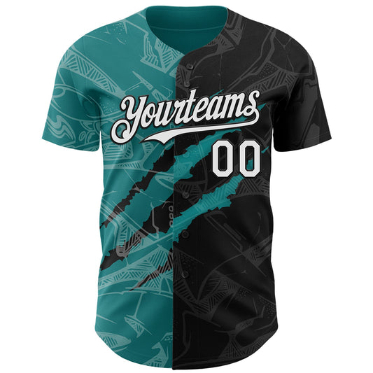 Custom Graffiti Pattern White Black-Teal 3D Scratch Authentic Baseball Jersey - Sky-Custom