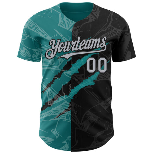 Custom Graffiti Pattern Gray Black-Teal 3D Scratch Authentic Baseball Jersey - Sky-Custom