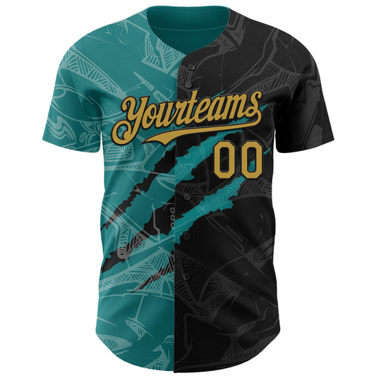 Custom Graffiti Pattern Old Gold Black-Teal 3D Scratch Authentic Baseball Jersey - Sky-Custom