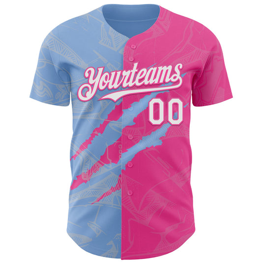 Custom Graffiti Pattern White Pink-Light Blue 3D Scratch Authentic Baseball Jersey - Sky-Custom