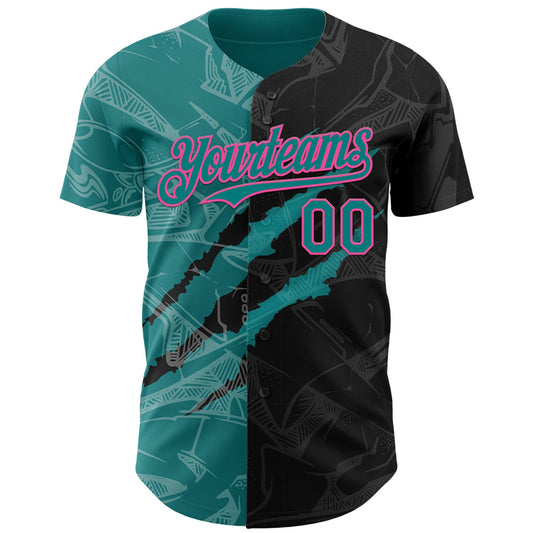 Custom Graffiti Pattern Teal Black-Pink 3D Scratch Authentic Baseball Jersey - Sky-Custom