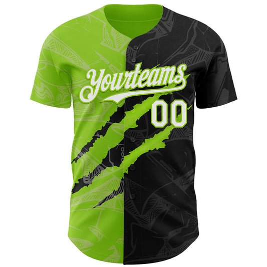 Custom Graffiti Pattern White Black-Neon Green 3D Scratch Authentic Baseball Jersey - Sky-Custom