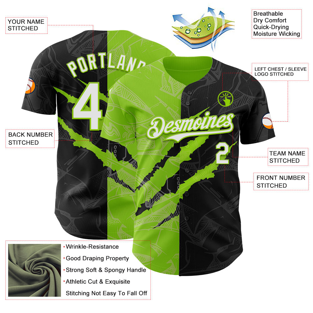 Custom Graffiti Pattern White Black-Neon Green 3D Scratch Authentic Baseball Jersey - Sky-Custom