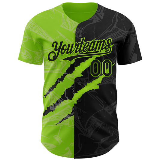 Custom Graffiti Pattern Black-Neon Green 3D Scratch Authentic Baseball Jersey - Sky-Custom