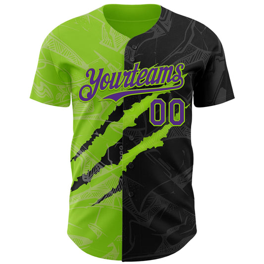 Custom Graffiti Pattern Purple Black-Neon Green 3D Scratch Authentic Baseball Jersey - Sky-Custom