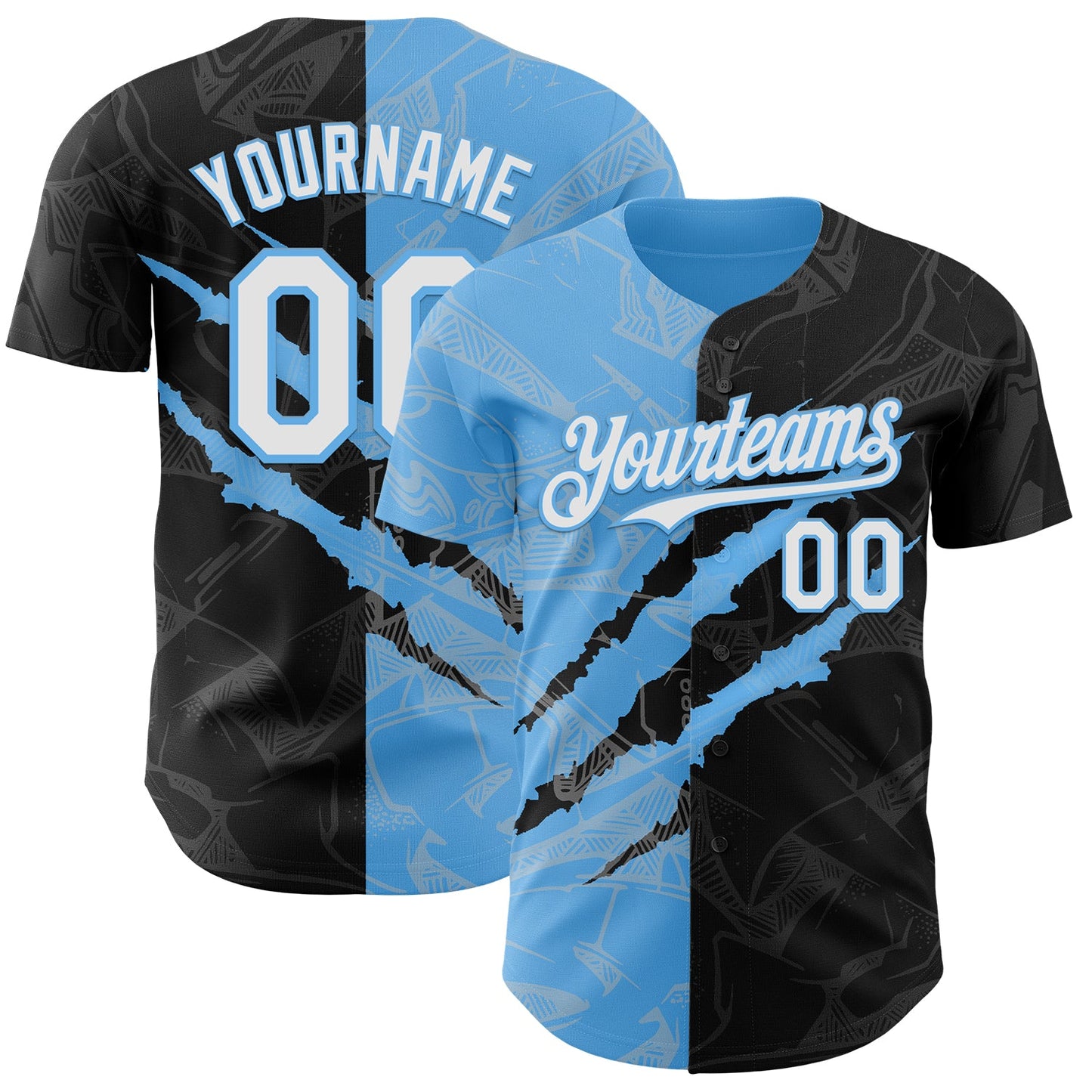 Custom Graffiti Pattern White Black-Sky Blue 3D Scratch Authentic Baseball Jersey - Sky-Custom