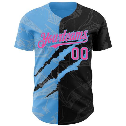 Custom Graffiti Pattern Pink Black-Sky Blue 3D Scratch Authentic Baseball Jersey - Sky-Custom