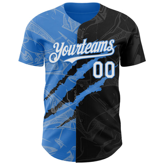 Custom Graffiti Pattern White Black-Electric Blue 3D Scratch Authentic Baseball Jersey - Sky-Custom