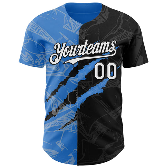 Custom Graffiti Pattern White Black-Electric Blue 3D Scratch Authentic Baseball Jersey - Sky-Custom