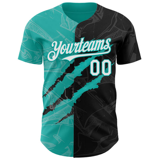 Custom Graffiti Pattern White Black-Aqua 3D Scratch Authentic Baseball Jersey - Sky-Custom