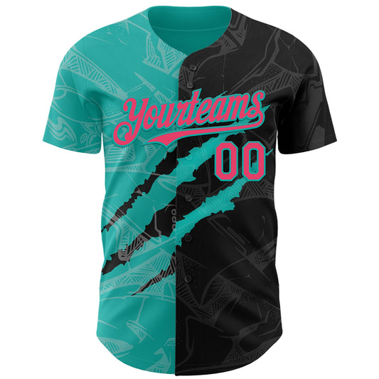Custom Graffiti Pattern Neon Pink Black-Aqua 3D Scratch Authentic Baseball Jersey - Sky-Custom