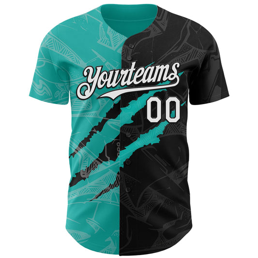 Custom Graffiti Pattern White Black-Aqua 3D Scratch Authentic Baseball Jersey - Sky-Custom