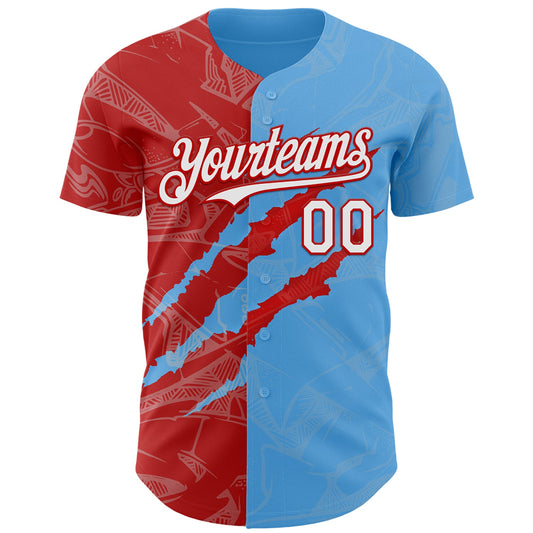 Custom Graffiti Pattern White Sky Blue-Red 3D Scratch Authentic Baseball Jersey - Sky-Custom