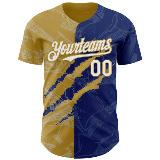 Custom Graffiti Pattern White Royal-Old Gold 3D Scratch Authentic Baseball Jersey - Sky-Custom