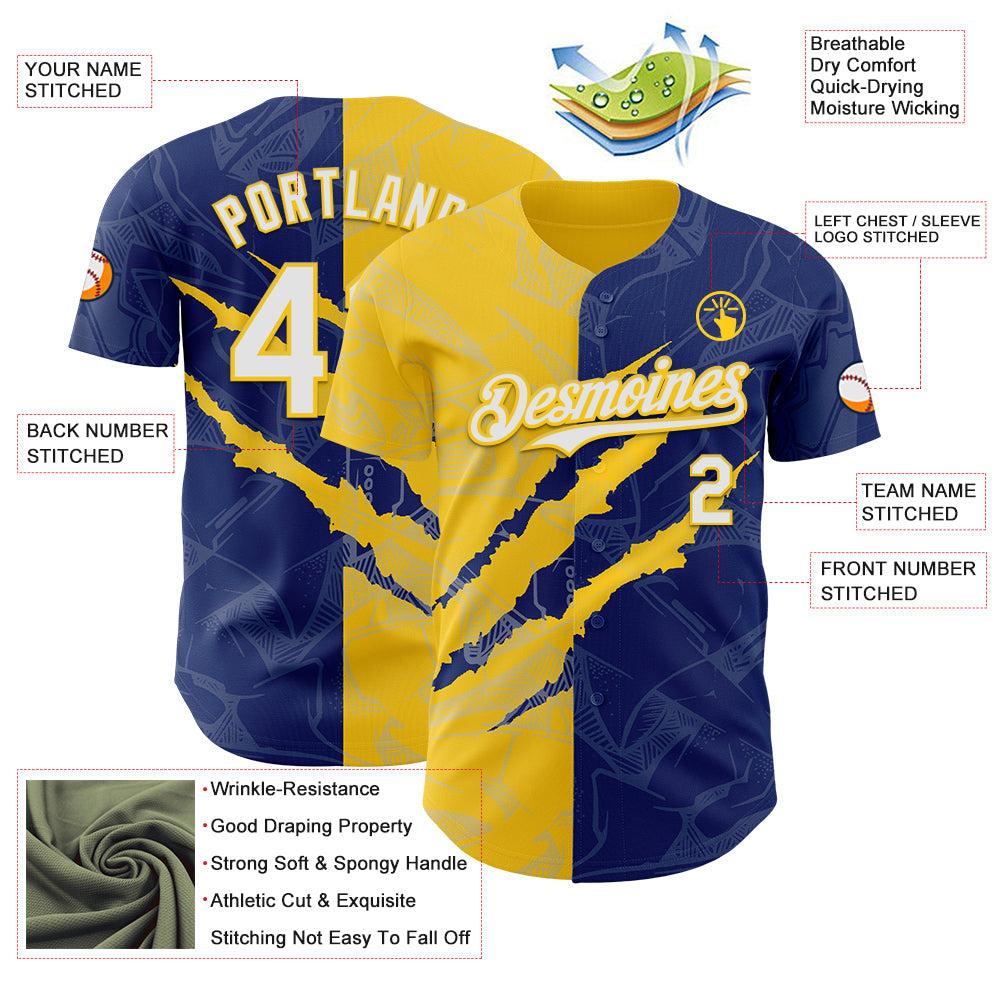 Custom Graffiti Pattern White Royal-Yellow 3D Scratch Authentic Baseball Jersey - Sky-Custom