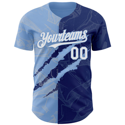 Custom Graffiti Pattern White Royal-Light Blue 3D Scratch Authentic Baseball Jersey - Sky-Custom