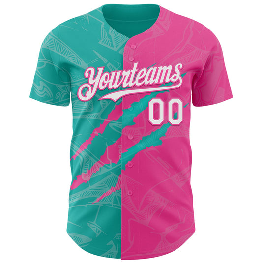 Custom Graffiti Pattern White Pink-Aqua 3D Scratch Authentic Baseball Jersey - Sky-Custom