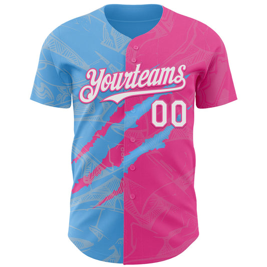 Custom Graffiti Pattern White Pink-Sky Blue 3D Scratch Authentic Baseball Jersey - Sky-Custom