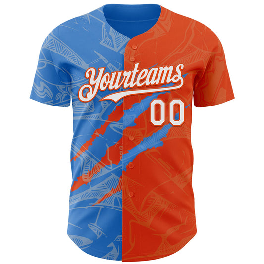 Custom Graffiti Pattern White Orange-Electric Blue 3D Scratch Authentic Baseball Jersey - Sky-Custom