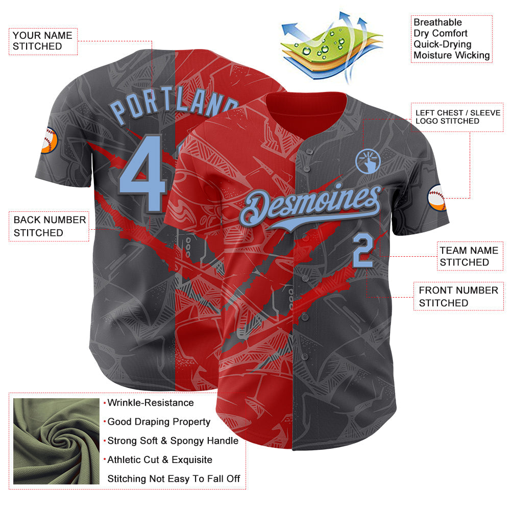 Custom Graffiti Pattern Light Blue Steel Gray-Red 3D Scratch Authentic Baseball Jersey - Sky-Custom
