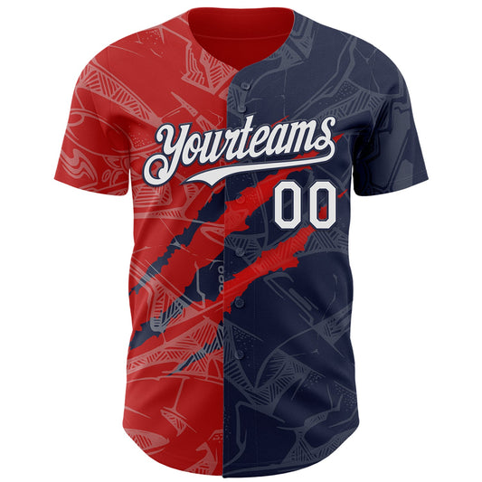 Custom Graffiti Pattern White Navy-Red 3D Scratch Authentic Baseball Jersey - Sky-Custom
