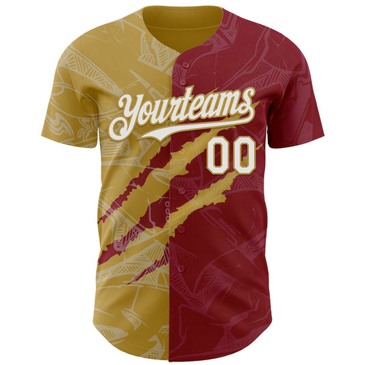 Custom Graffiti Pattern White Crimson-Old Gold 3D Scratch Authentic Baseball Jersey - Sky-Custom